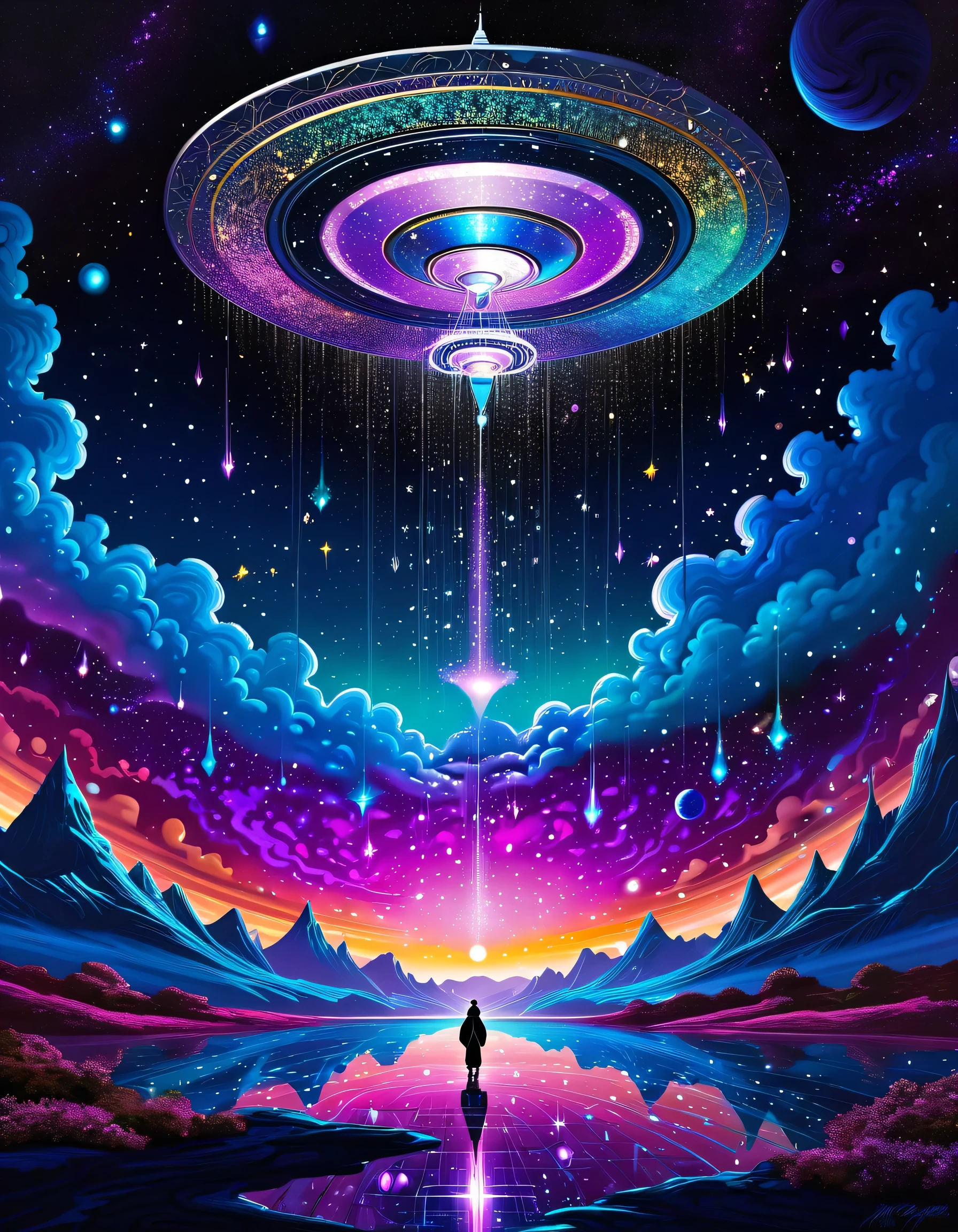 A surreal and vibrant scene featuring a satellite hovering in a cosmic landscape, embodying the "Lord of Mystery." The satellite is adorned with intricate designs inspired by Suzuki aesthetics, blending technology and artistry. Below, a rain of shimmering money cascades down, reflecting glimmers of light in a rich array of colors. The background is a blend of deep space hues—blues, purples, and blacks—interspersed with sparkling stars and nebulae. The composition should evoke a sense of wonder and intrigue, merging elements of fantasy and technology in a highly detailed digital art style. Emphasize dramatic lighting and intricate textures to enhance the mystical atmosphere.