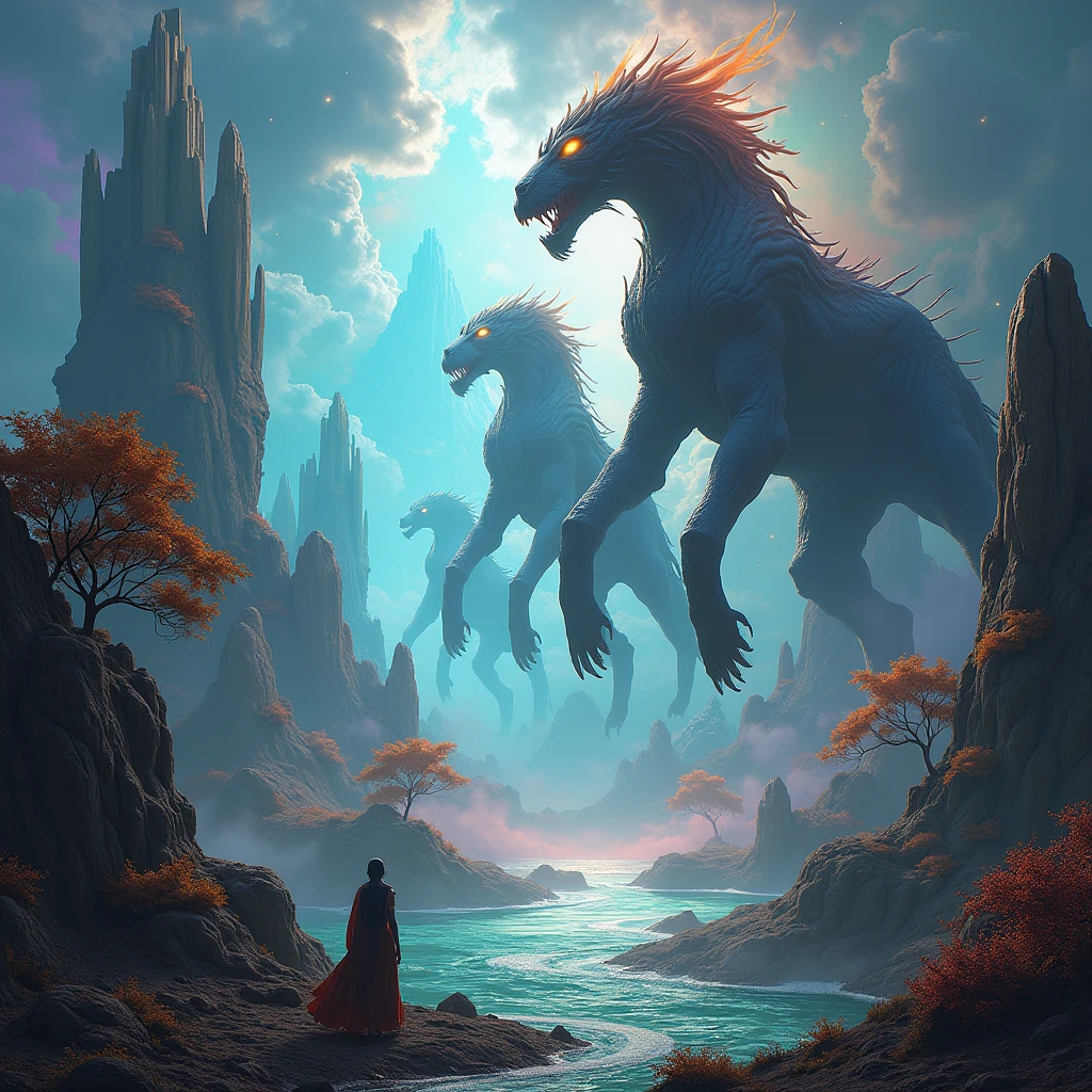 A surreal, wild dreamscape where the boundaries between reality and imagination blur. Giant, wild creatures roam freely through floating islands, twisted forests, and oceans of liquid light. The sky is a kaleidoscope of shifting colors and shapes. (masterpiece, ultra detailed, 8K, high contrast, dynamic lighting, photorealistic, surreal atmosphere)