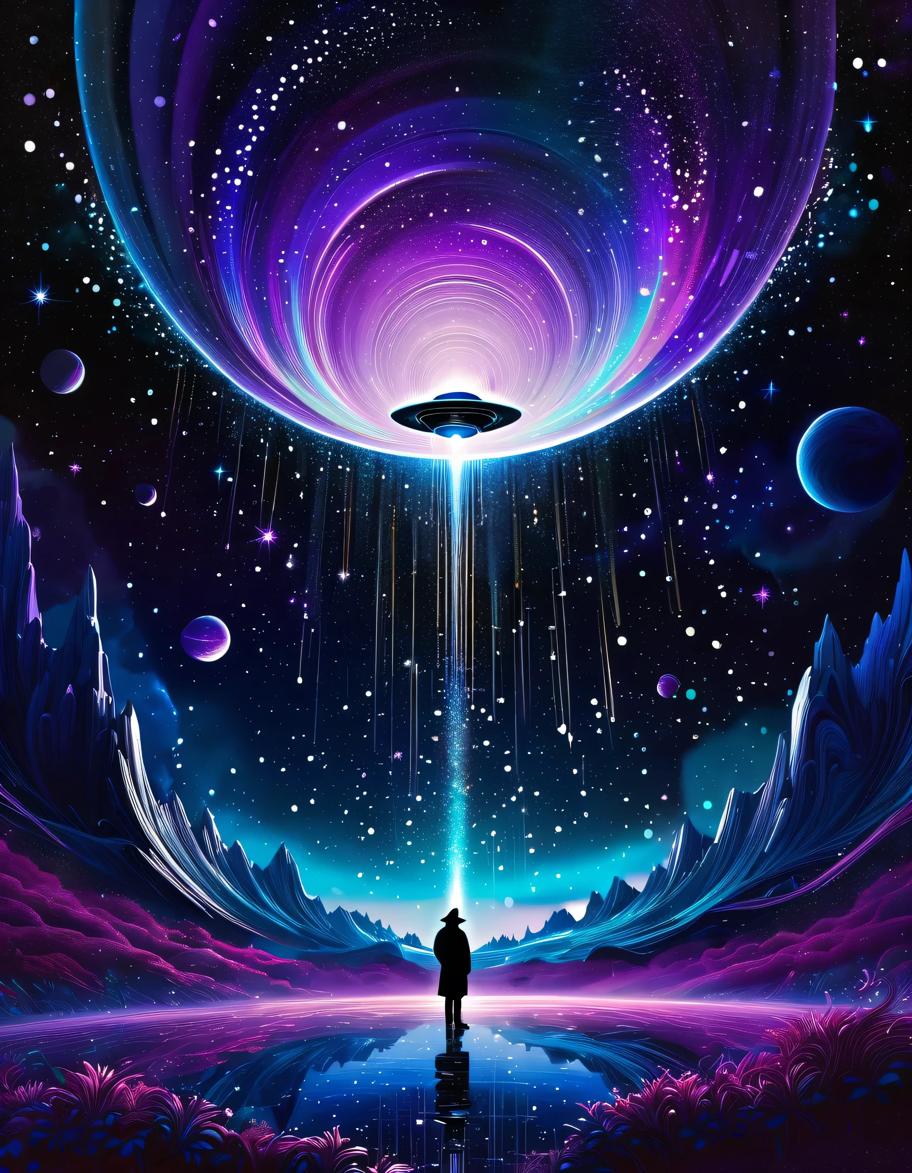 A surreal and vibrant scene featuring a satellite hovering in a cosmic landscape, embodying the "Lord of Mystery." The satellite is adorned with intricate designs inspired by Suzuki aesthetics, blending technology and artistry. Below, a rain of shimmering money cascades down, reflecting glimmers of light in a rich array of colors. The background is a blend of deep space hues—blues, purples, and blacks—interspersed with sparkling stars and nebulae. The composition should evoke a sense of wonder and intrigue, merging elements of fantasy and technology in a highly detailed digital art style. Emphasize dramatic lighting and intricate textures to enhance the mystical atmosphere.