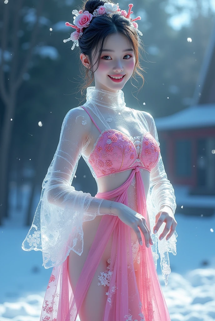 (ice - carving:1.4),Movie Angle,(Cute ice sculpture girl,Anatomically correct,full bodyesbian,Masterpiece ice sculpture camellia,Representative work Hanfu,Smile,full body arts,traditional arts,Amazing arts,sexy style, erotic art style, Chinese queen, chinese nude girl, cute girls, colorful dress,)