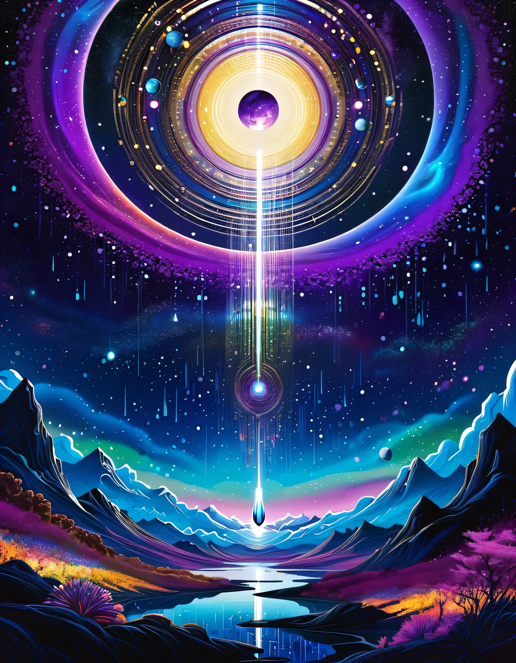 A surreal and vibrant scene featuring a satellite hovering in a cosmic landscape, embodying the "Lord of Mystery." The satellite is adorned with intricate designs inspired by Suzuki aesthetics, blending technology and artistry. Below, a rain of shimmering money cascades down, reflecting glimmers of light in a rich array of colors. The background is a blend of deep space hues—blues, purples, and blacks—interspersed with sparkling stars and nebulae. The composition should evoke a sense of wonder and intrigue, merging elements of fantasy and technology in a highly detailed digital art style. Emphasize dramatic lighting and intricate textures to enhance the mystical atmosphere.