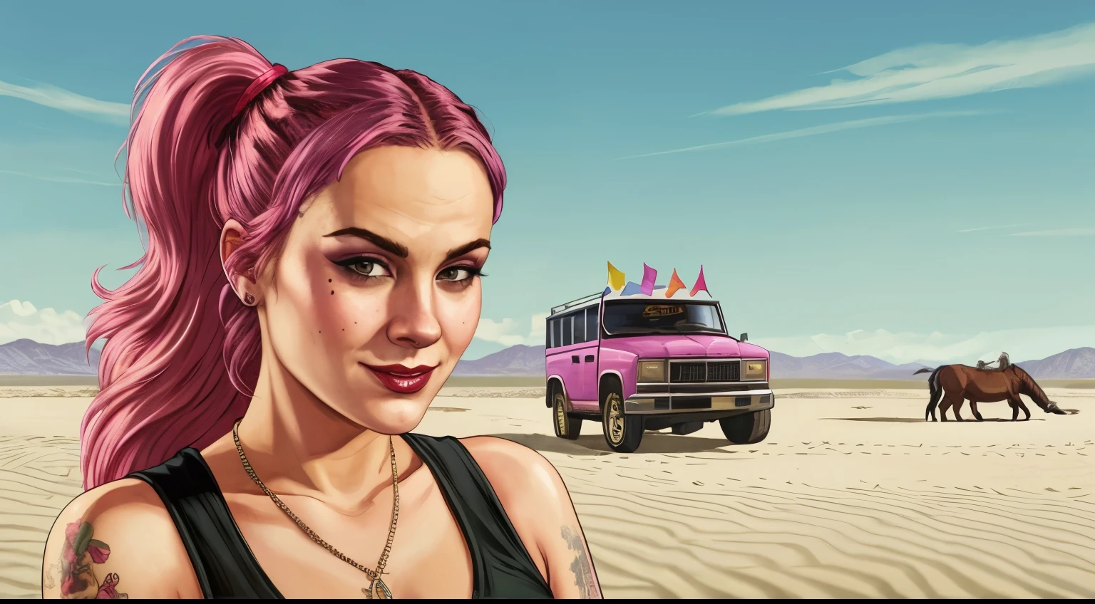 GTAV Loading Screen arte 2D, GTA5, cinematic composition, em frente a uma cidade, Shaders, bright cinematic lighting, Contraste suave, GTA5 tela de carregamento, gta arte, papel de parede 4K, papel de parede 4k, hq 4k papel de parede, gta artee da te, fan art, Rockstar Games Arte pink haired with pony tail goth girl with clown makeup smiling