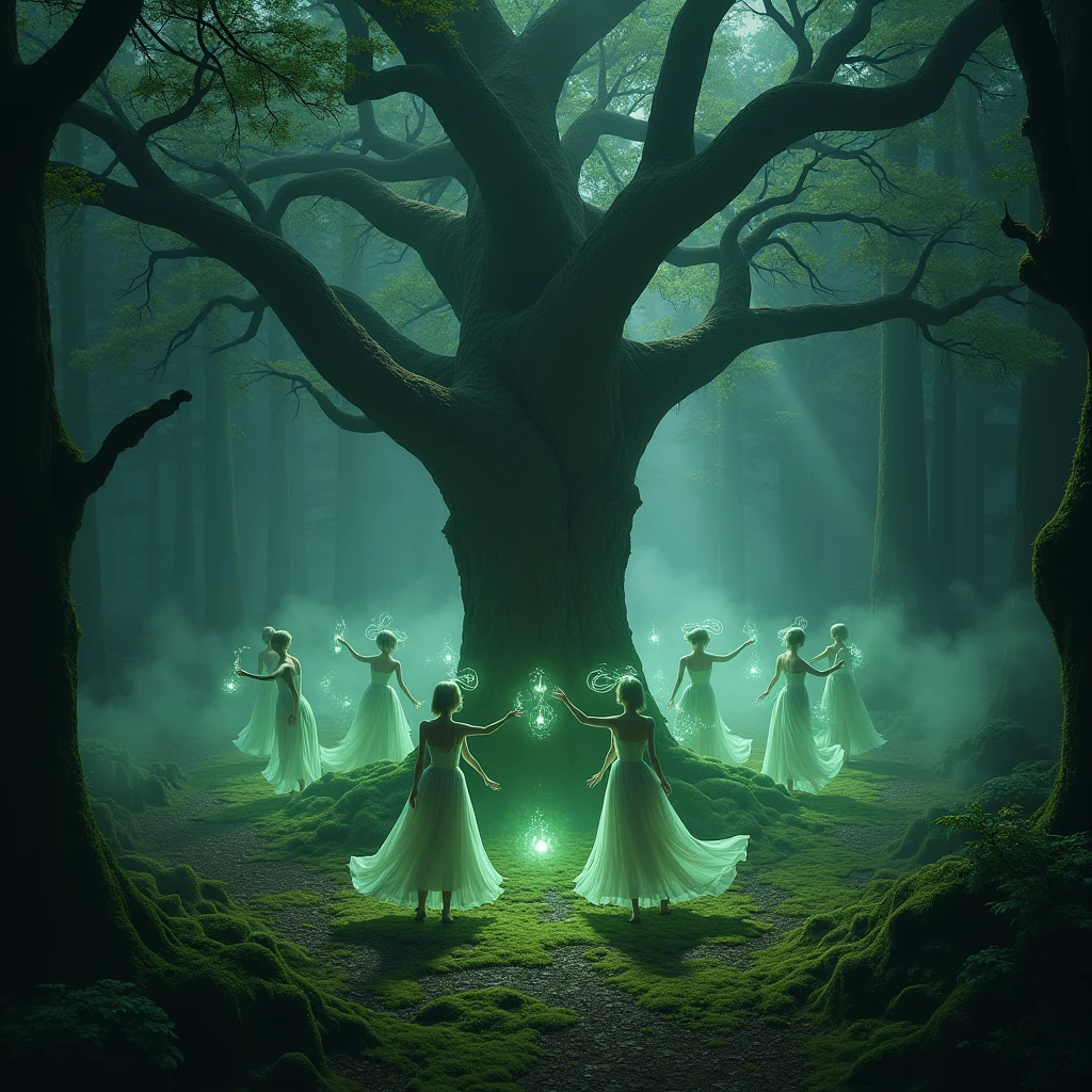 In a deep, ancient forest, wild and ethereal forest spirits dance around an ancient, gnarled tree, their forms shifting between human and animal. The air is thick with magic, the ground covered in glowing moss, and the trees whispering in an ancient tongue. (high resolution, ultra detailed, 8K, cinematic composition, dynamic lighting, mystical atmosphere)