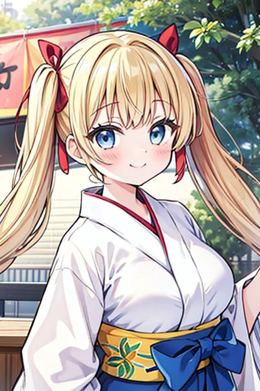 Highest quality,masterpiece,cute,One girl,Twin tails,Blonde,Blue Eyes,Japanese Yukata,Summer festival,stall,Hair Ribbon,Large Breasts,smile,fun,