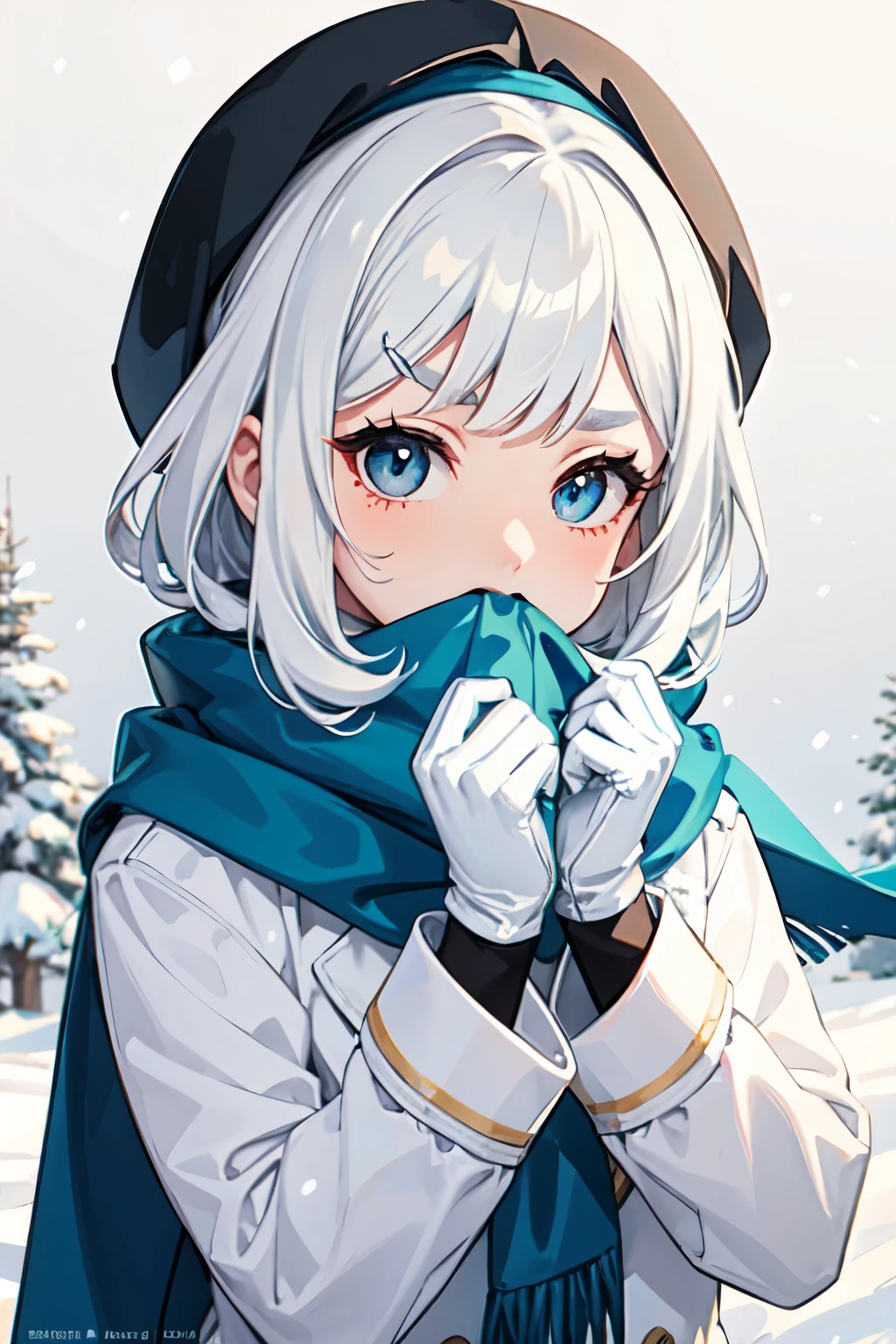 Boy white hair white eyebrows white eyelashes in white coat with blue scarf covering mouth and nose with snow powers and girl white hair white eyebrows white eyelashes white coat with blue scarf covering mouth and nose with snow powers together