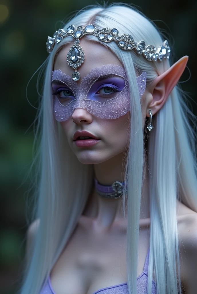 high quality photo single exposure of {an elf, silver straight long hair, dark_purple skin, lilac eyes, purple eyeliner, crystal tiara}, tulle(half_upper_face)mask, seducing expression, detailed, multi braided, cinematic shot, upper torso close up, open suit, left angle shot, left view