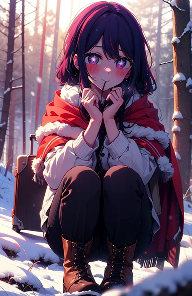 aihoshino, Ai Hoshino, Long Hair, bangs, (Purple eyes:1.1), Purple Hair, (Symbol-shaped pupil:1.5), smile,,smile,blush,white breath,
Open your mouth,snow,Ground bonfire, Outdoor, boots, snowing, From the side, wood, suitcase, Cape, Blurred, , forest, White handbag, nature, Squat, Mouth closed, Cape, winter, Written boundary depth, Black shoes, red Cape break looking at viewer, Upper Body, whole body, break Outdoor, forest, nature, break (masterpiece:1.2), Highest quality, High resolution, unity 8k wallpaper, (shape:0.8), (Beautiful and beautiful eyes:1.6), Highly detailed face, Perfect lighting, Highly detailed CG, (Perfect hands, Perfect Anatomy),
