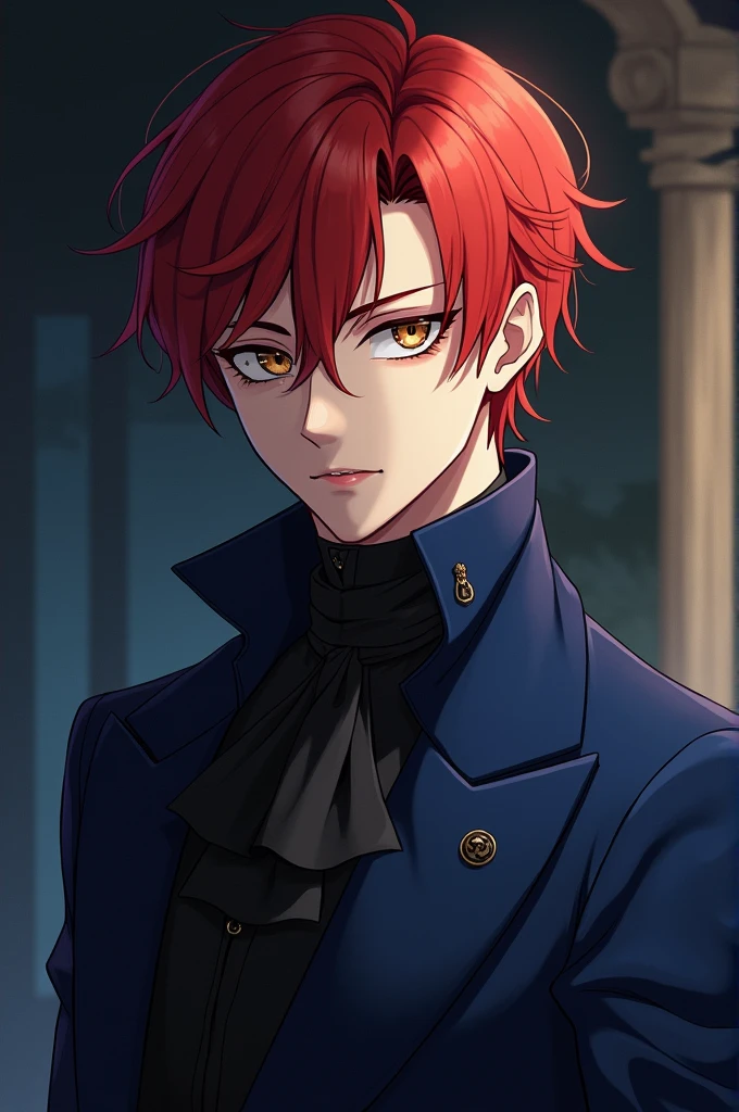 Anime image of a man with red hair and dark blue Victorian clothing, lightbrown eyes, character inspired by Howl from Animated Castle, vampyre, alucard, vampyre masculino bonito.
