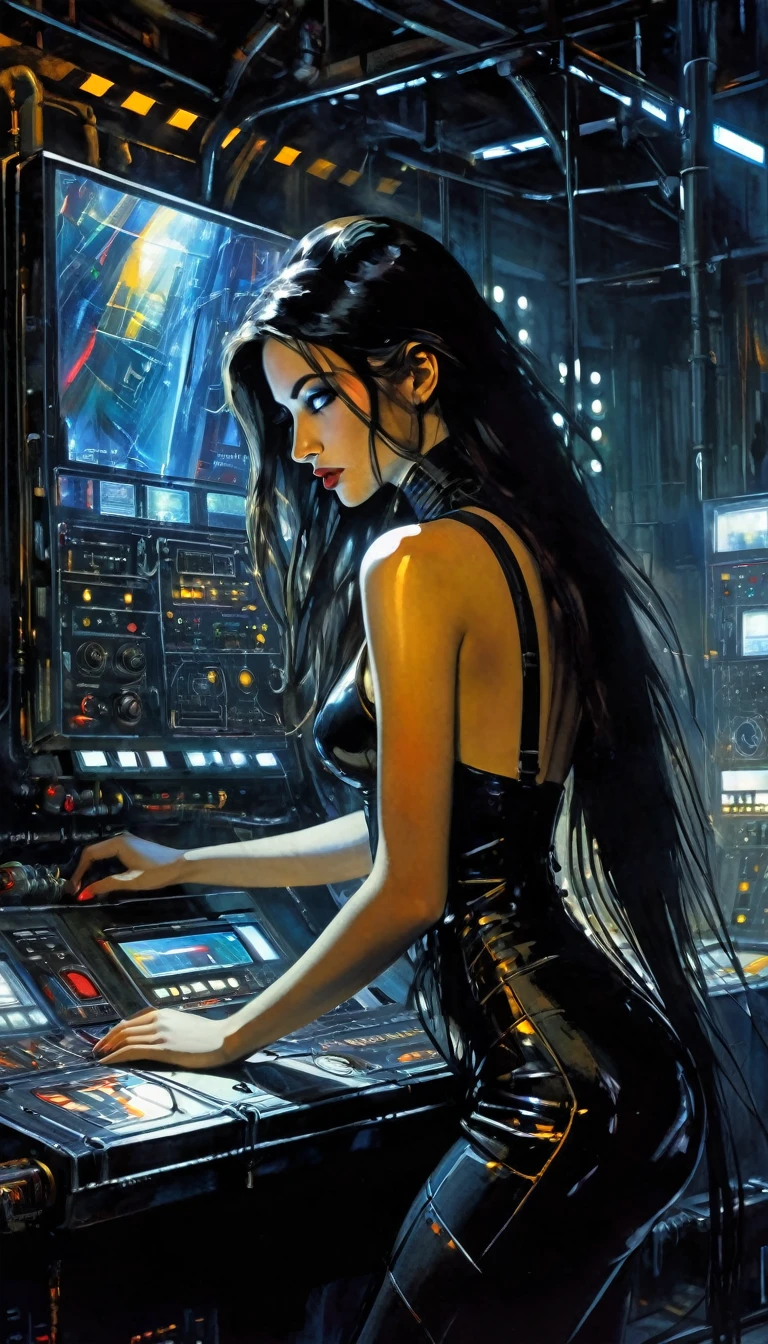 sexy girl with long hair and a futuristic appearance controls the control panel of a convoluted futuristic industrial machinery,oil painting, chiaroscuro, sensual, dramatic lighting, moody atmosphere, photorealistic, intricate details, masterpiece, ultra-detailed, high quality, 8k, best quality, realistic, cinematic, dark and brooding, expressionistic, powerful composition, emotional impact, Bill Sienkiewicz inspired art