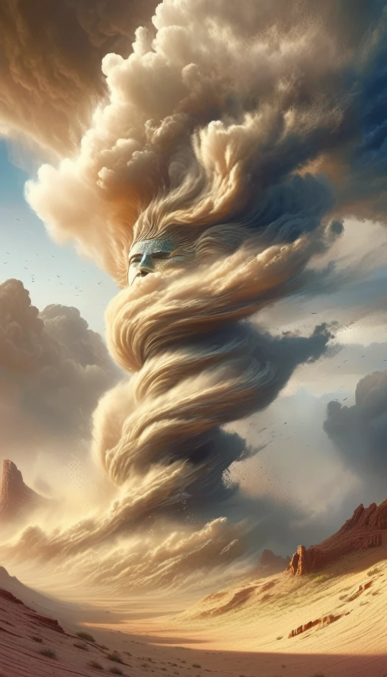 A cloud of Araf smoke rises in the desert landscape, mind-bending digital art, Mark Adams, sylvain sarrailh 和 igor morski, Surreal fantasy art, Beautiful digital artwork, Stunning fantasy art, Complex and epic composition, Surrealism and Fantasy Art, Stunning digital art, Beautiful tornado, 4k highly detailed digital art, Dramatic swirling clouds