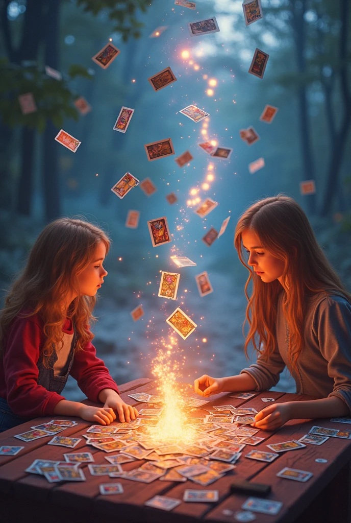 two girls play magic cards game on table, they summon two female magician, (two female magician fighting in air:1.9), many magic cards flying in sky, magic cards have comics on them, magic cards holding in all hands