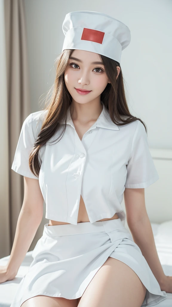 Innocent 25 year old girl,Giant :1.2,Cleavage:1.2、(Panty shot:1.3) (White nurse uniform:1.5),( White short skirt:1.5),(White nurse hat:1.5),(White Nurse Pump:1.5), angle:1.2、The background is a hospital room.、smile,Shortcuts、RAW Photos, (8k、Highest quality、masterpiece:1.2)、(Intricate details:1.4)、(Realistic:1.4)、Octane Rendering、Complex 3D rendering with ultra-detail, Studio Soft Light, Rim Light, Sharp details, Super Detail, Realistic skin texture, Detailed aspect, A beautiful eye for detail, Highly detailed CG Unity 16k wallpaper, assembly, (Detailed Background:1.2), Glowing Skin, whole body,Big Tits,love