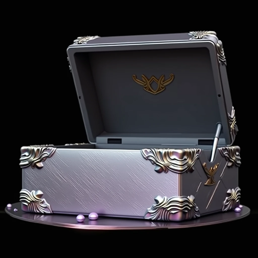 Luxury details,Silver box half open,Metal brushed texture is faintly visible,Graffiti art embellishes the space,The central golden logo shines,Edge inlaid with exquisite metal,Showing nobility in a low-key manner。Slightly lavender reflective。