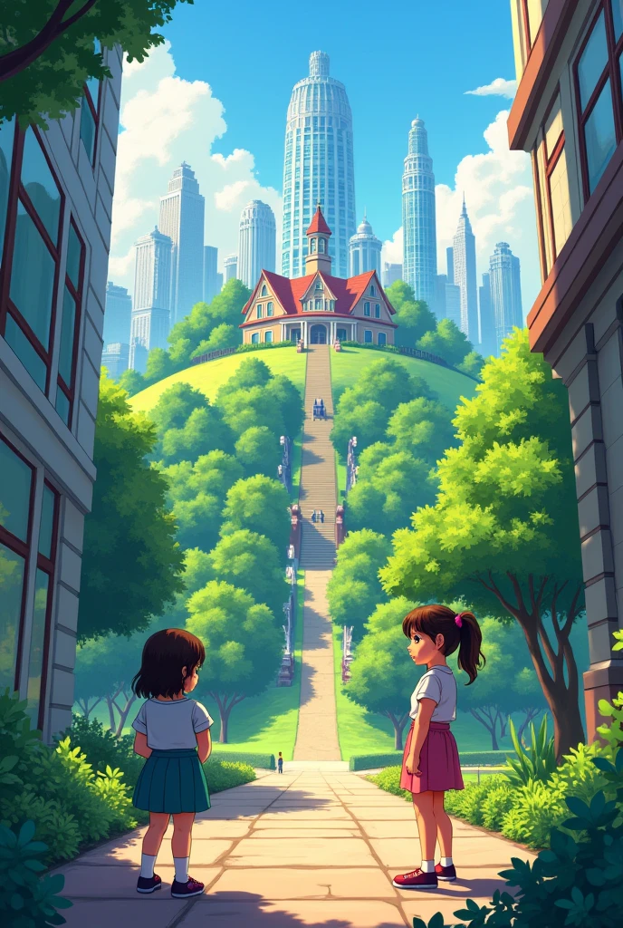 A vibrant cityscape with towering modern buildings, their glass windows reflecting the sunlight, surrounding a peaceful park with lush green trees and serene walking paths. In the foreground, two young girls stand on opposite sides of the scene: Lily, a well-dressed girl with a neat appearance, stands near a grand mansion on a hill, while Emma, in simple clothes with a playful expression, is near a small, cozy house nestled among narrow streets. The contrasting environments highlight the differences between the two girls, yet they are both drawn toward the same central park, suggesting their imminent meeting.8k,colourful,vibrant 