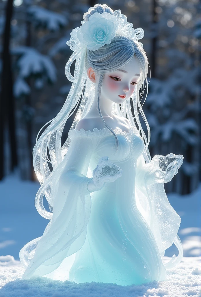 (ice - carving:1.4),Movie Angle,(Cute ice sculpture girl,Anatomically correct,full bodyesbian,Masterpiece ice sculpture camellia,Representative work Hanfu,Smile)