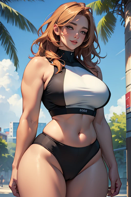 ((Best Quality, 8K, Masterpiece: 1.3)), Chubby woman smile ((best quality)), ((masterpiece)), (detailed), perfect face, woman (18 years), 1 girl, chubby body type, big breast size (F cups), round face, medium hair, looking at camera, thicc, bbwchan, wearing tight sexy sport clothes, skinny waist and thick hips, widest hips, soft curvy shape, hyper-realistic full figure, wearing a cute top, wide hips, cropped shoulders, Bare belly,(big assa:0.7),show legs, thicc, beautiful thick female, beautiful curvy female,, Tall and tall ,clear curvy details, curvy hourglass figure, alluring plus sized model, bbwchan, Voluptuous body, Curvy model, Curvy body, Be red in the face, 1girll fat , a mature female, A MILF, the golden ratio,(K-pop idol),(Oil skin:1.2),(Oil skin:1.1) background High quality, HD, realistic, HDR. In the park
