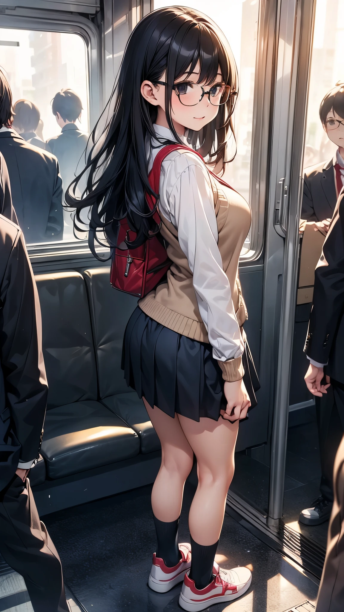summer、In a crowded train、thick、Sweat、、high school girl、Student Bags、、Low length、、(((Long black hair:1.2 hair band)))(((Black-rimmed glasses:1.2 black eye)))、Strong sunlight、thicksummerの昼間、Bright sunlight、Look at this、Front view、Full Body Shot、Big Breasts、loose socks、Checked mini skirt、Navy knit vest、Are standing、A man whispers in my ear、sneakers、backstyle、Rear view、Big Ass、turn around、