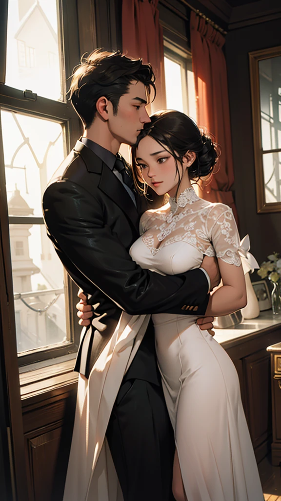 A passionately entwined young couple, the man's strong arms wrapped around the woman's curvaceous figure clad in a form-fitting, elegant dress. The scene is illuminated by the warm glow of evening light filtering through the vintage house's aged windows. This arresting image is portrayed in a stunning oil painting, each brushstroke capturing the depth of their shared intimacy. Rich colors and intricate details, such as the intricate lace of the woman's dress and the texture of the man's suit, bring this romantic moment to life with exquisite beauty and intensity.