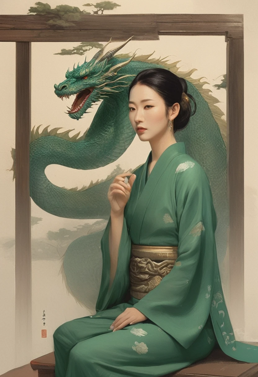 A Japanese-inspired scene with a mystical atmosphere. A serene woman dressed in traditional green and gold kimono is seated with her eyes closed in meditation. Behind her, a large, menacing green dragon with detailed scales looms, wrapping itself around her protectively. The setting is a traditional Japanese room with wooden sliding doors. The image conveys a blend of calmness and power, with an ethereal and ancient ambiance. 