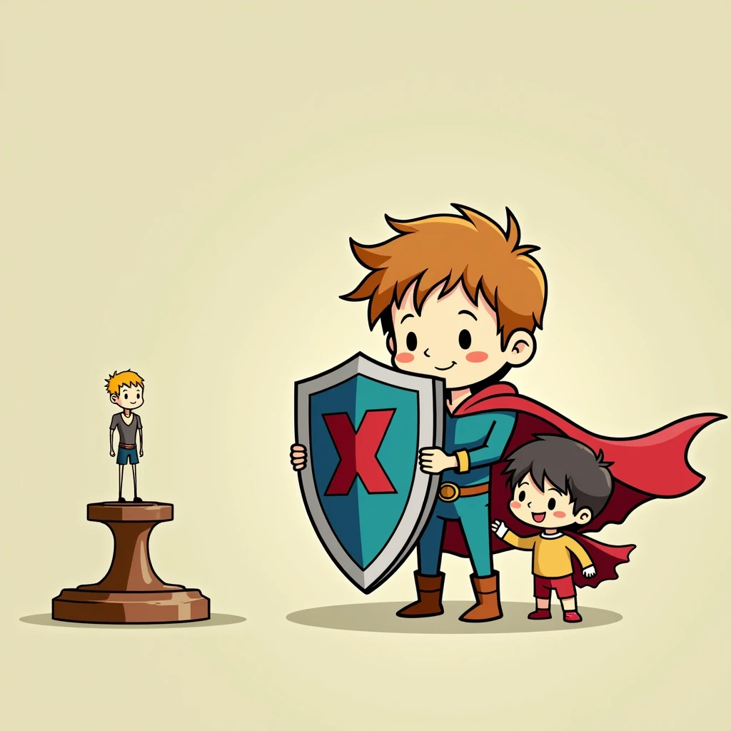 Two little kids boys holding a shield together,The shield blocks the left side of the woman wearing black sexy shorts,doll,Simple comic style、Bright colors,
