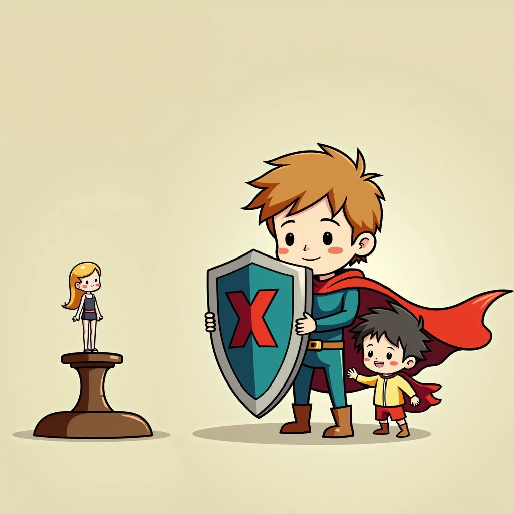 Two little kids boys holding a shield together,The shield blocks the left side of the woman wearing black sexy shorts,doll,Simple comic style、Bright colors,