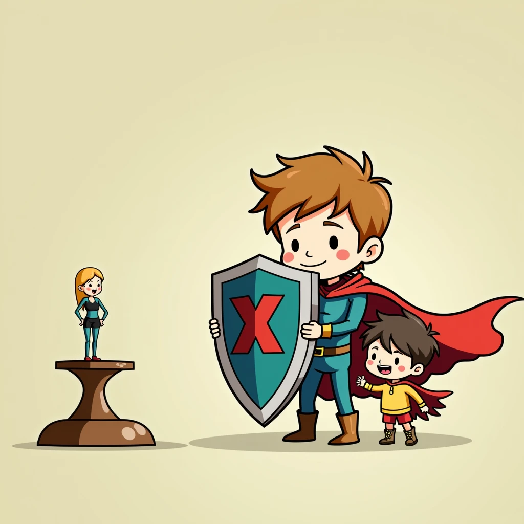 Two little kids boys holding a shield together,The shield blocks the left side of the woman wearing black sexy shorts,doll,Simple comic style、Bright colors,