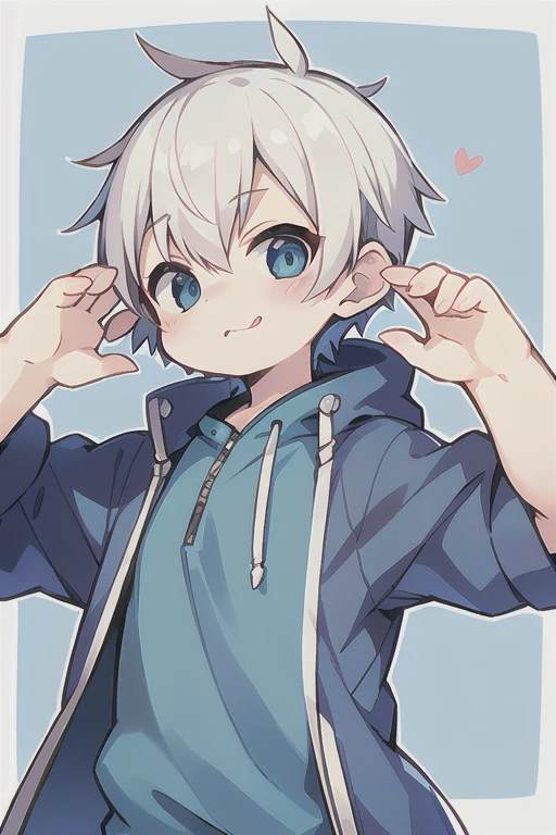 Highest quality, (high quality),eye highlights,arms are thin, thin body,face,from front, arms up, salute,(portrait),((very short hair)),look at viewer,with heart-shaped pupils,droopy eyes,very happy smile,Pouting mouth,open your mouth and laugh,(((chilled boy))), (1 boy),(white hair),((very very short hair)),parka,light Blue background ,illustration,anime style,