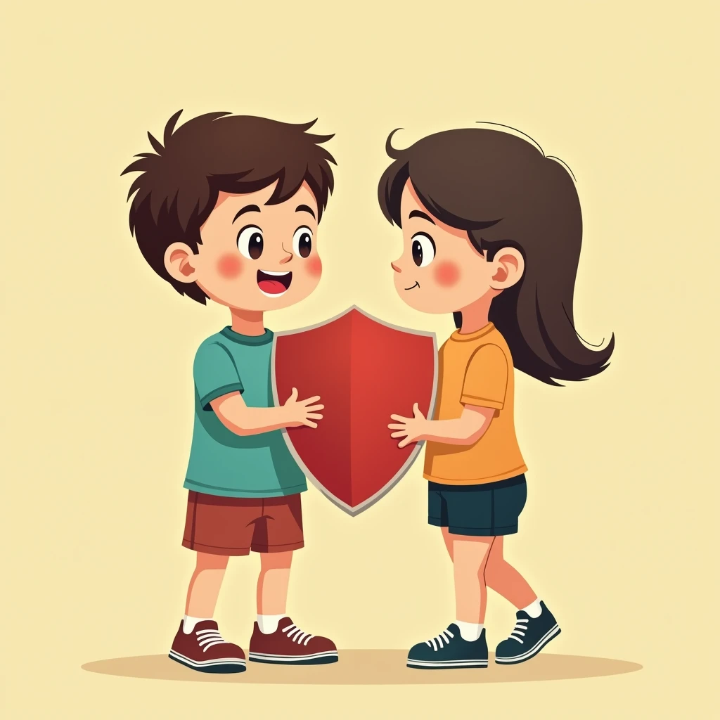 Two little kids boys holding a shield together，The shield blocks the left side of the woman wearing black sexy shorts，doll，Simple comic style、Bright colors，