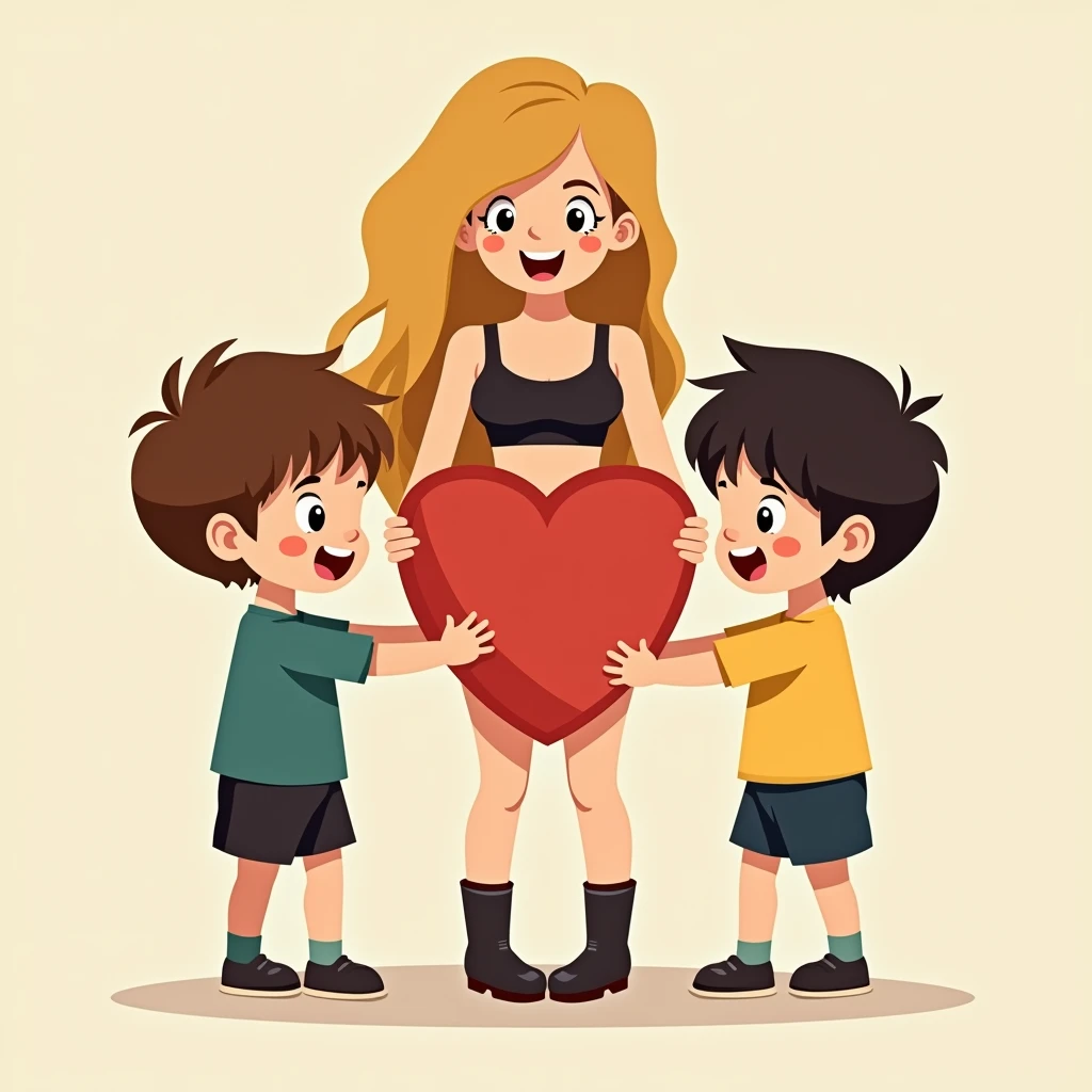 Two little kids boys holding a shield together,The shield blocks the left side of the woman wearing black sexy shorts,doll,Simple comic style、Bright colors,