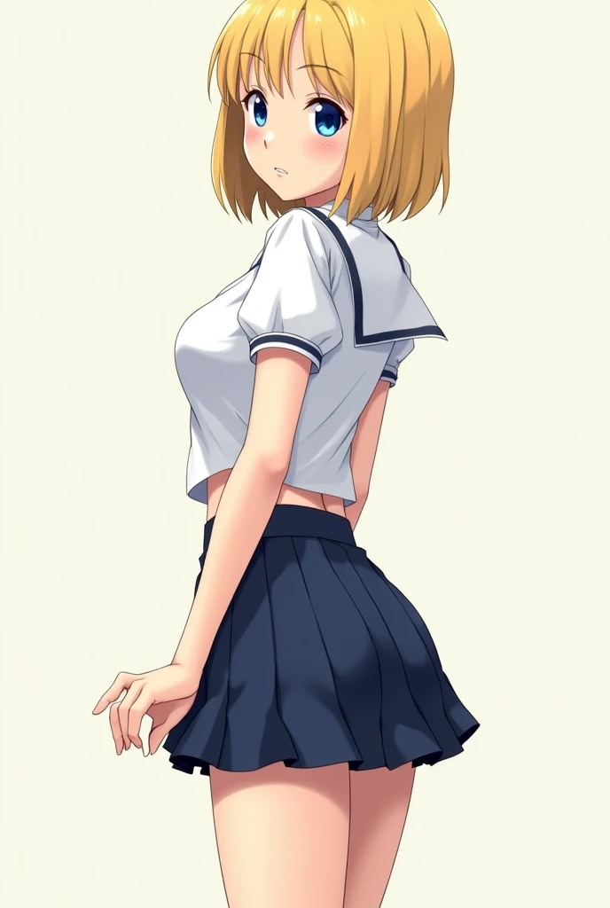 ((Highest quality)), ((masterpiece)), (detailed), Anatomically correct body shape、correct leg position、correct hand position、high school girl、White blouse、Navy Blue Skirt、Blue Eye、Blonde Bob Cut、Small breasts、Big ass、Ruffled hem shorts