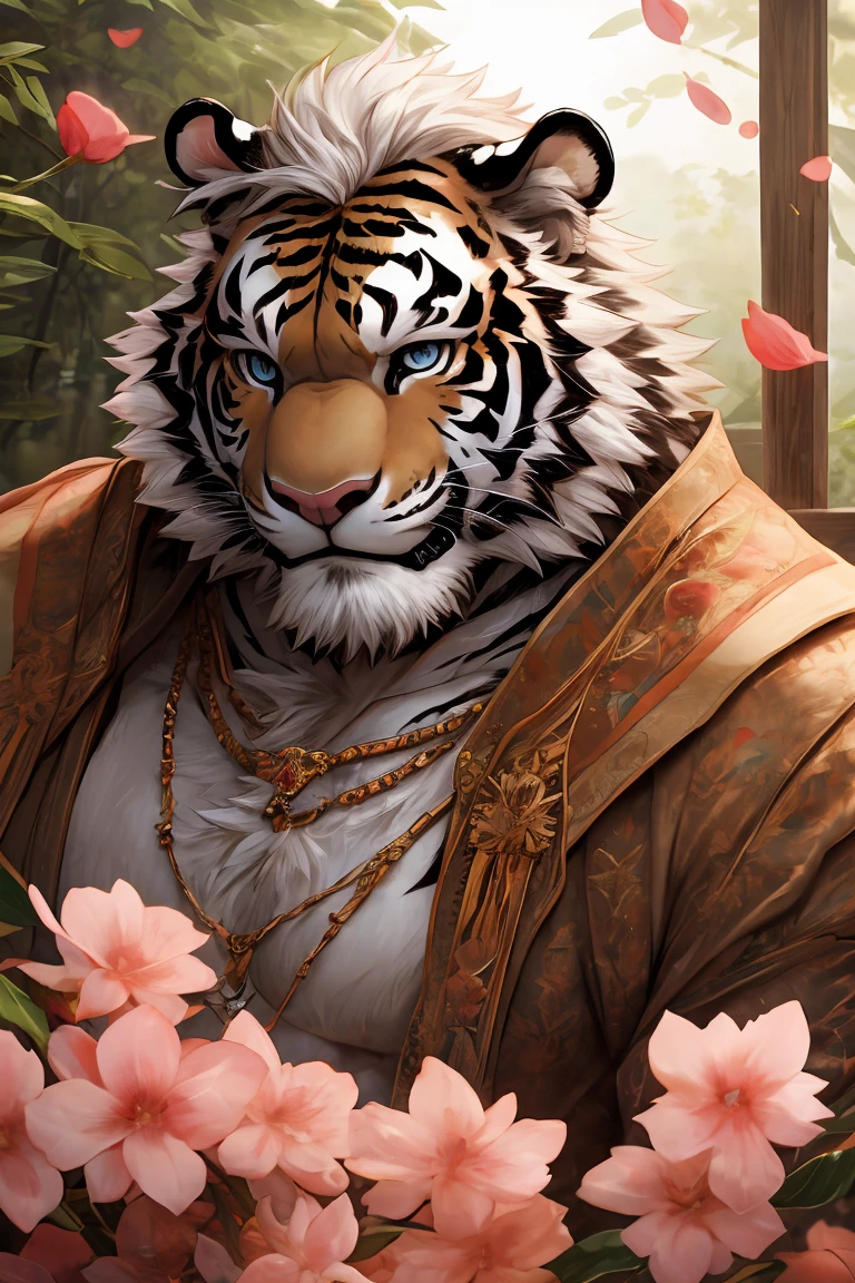 White fur,black strips,white tiger,medium height,Thin body type,Peach Blossom,White hair,Silver necklace,white tiger Orc,short hair,Smile,Solid wood house background,Croak,Peach Blossom Petals,male,Blue eyes,White robe,Peach Blossom Opens,Exquisite eyes,White Tiger, masterpiece, best quality, 8K resolution, Very detailed, hairy, Perfect anatomical structure, Light Particles