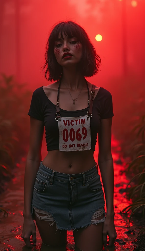woman, bib "VICTIM 0069 DO NOT RESCUE", denim cut-off skirt, stockings, compression t-shirt, stuck in mud bog,pale ethnic patterns ritual makeup, cold, red lips, sexy posing, bob haircut, red fog, posing, dynamic, sexy despair