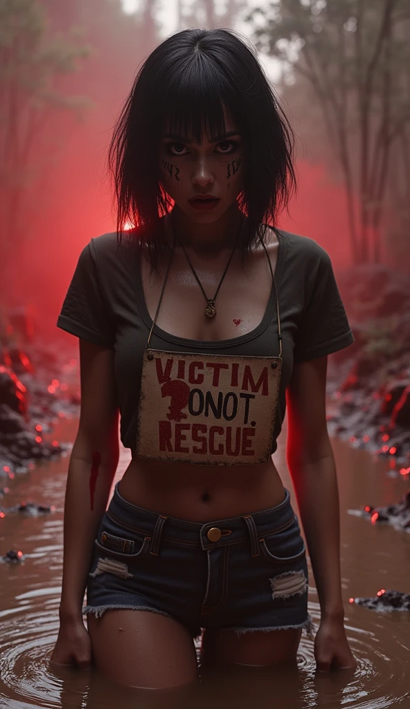 woman, bib "VICTIM 0069 DO NOT RESCUE", denim cut-off skirt, stockings, compression t-shirt, stuck in mud bog,pale ethnic patterns ritual makeup, cold, red lips, sexy posing, bob haircut, red fog, posing, dynamic, sexy despair