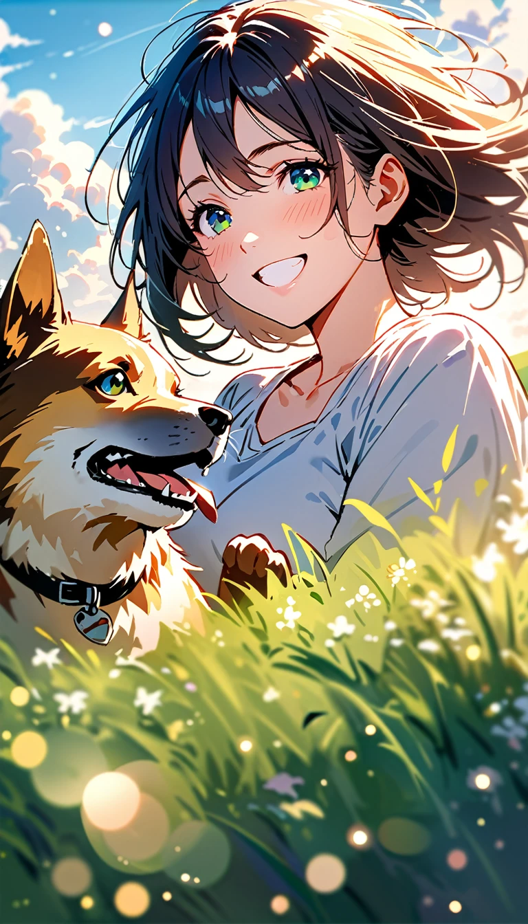 green field, cloud, girl, with a dog, happy, perfect quality, (masterpiece: 1.2) (realistic: 1.2) (bokeh) (best quality) (sensitive skin: 1.3) (intricate details) (8k) (Detail Eyes) (clear focus),