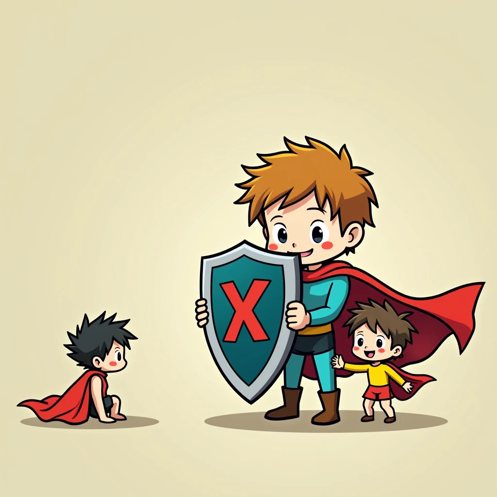 Two little kids boys holding a shield together，The shield blocks the left side of the woman wearing black sexy shorts，doll，Simple comic style、Bright colors，