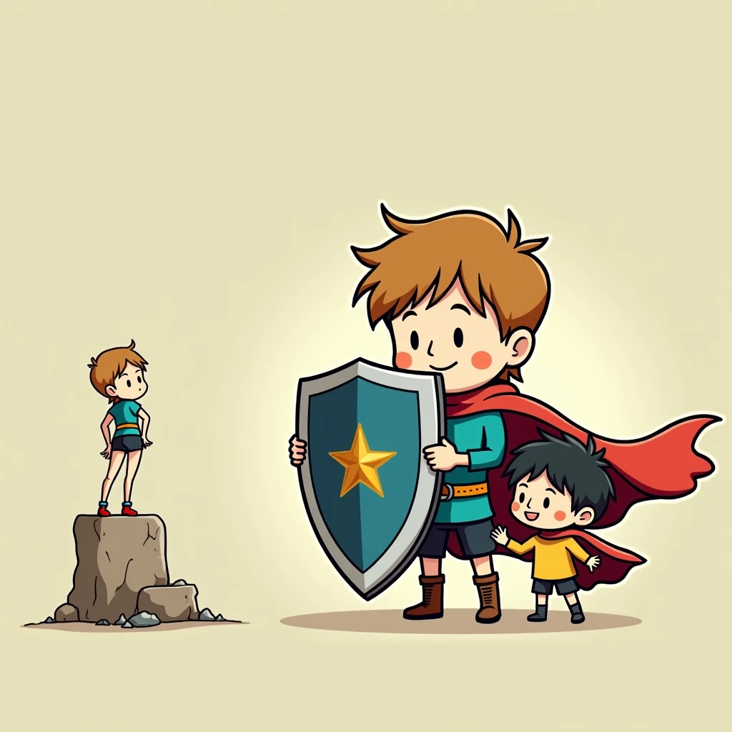 Two little boys holding a shield together,The shield blocks the left side of the woman wearing black sexy shorts,doll,Simple comic style、Bright colors,