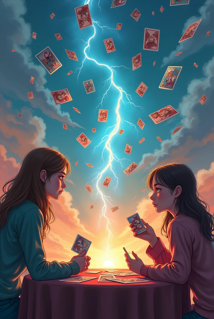 two girls play magic cards game on table, they summon two female magician, (two magician fighting in sky:1.9), many magic cards flying in sky, magic cards have comics on them, magic cards holding in all hands
