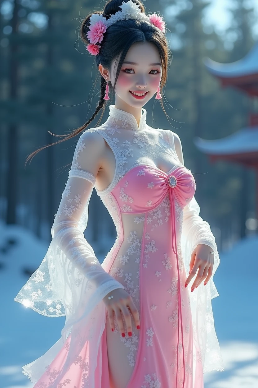 (ice - carving:1.4),Movie Angle,(Cute ice sculpture girl,Anatomically correct,full bodyesbian,Masterpiece ice sculpture camellia,Representative work Hanfu,Smile,full body arts,traditional arts,Amazing arts,sexy style, erotic art style, Chinese queen, chinese nude girl, cute girls, colorful dress,)