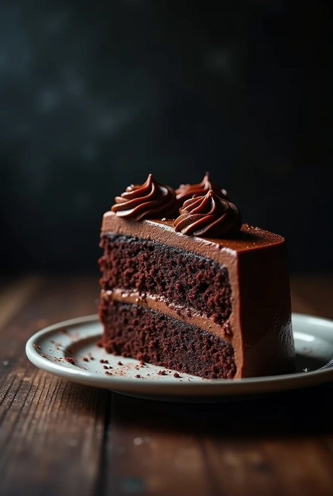 cinematic film still chocolate, chocolate cake, dark background, quality photo, moist texture, frosting, studio photo, slice . shallow depth of field, vignette, highly detailed, high budget, bokeh, cinemascope, moody, epic, gorgeous, film grain, grainy