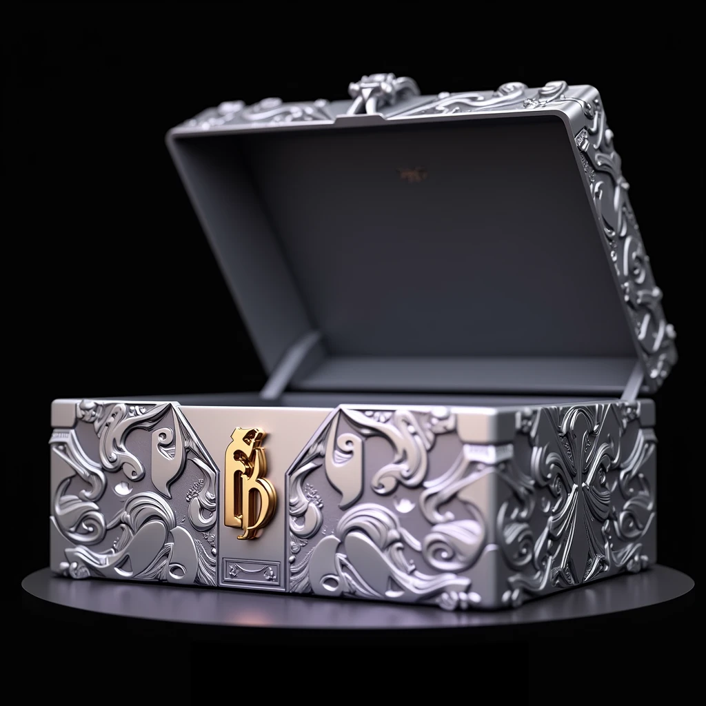 Luxury details，Silver box half open，Metal brushed texture is faintly visible，Graffiti art embellishes the space，The central golden logo shines，Edge inlaid with exquisite metal，Showing nobility in a low-key manner。Slightly lavender reflective。