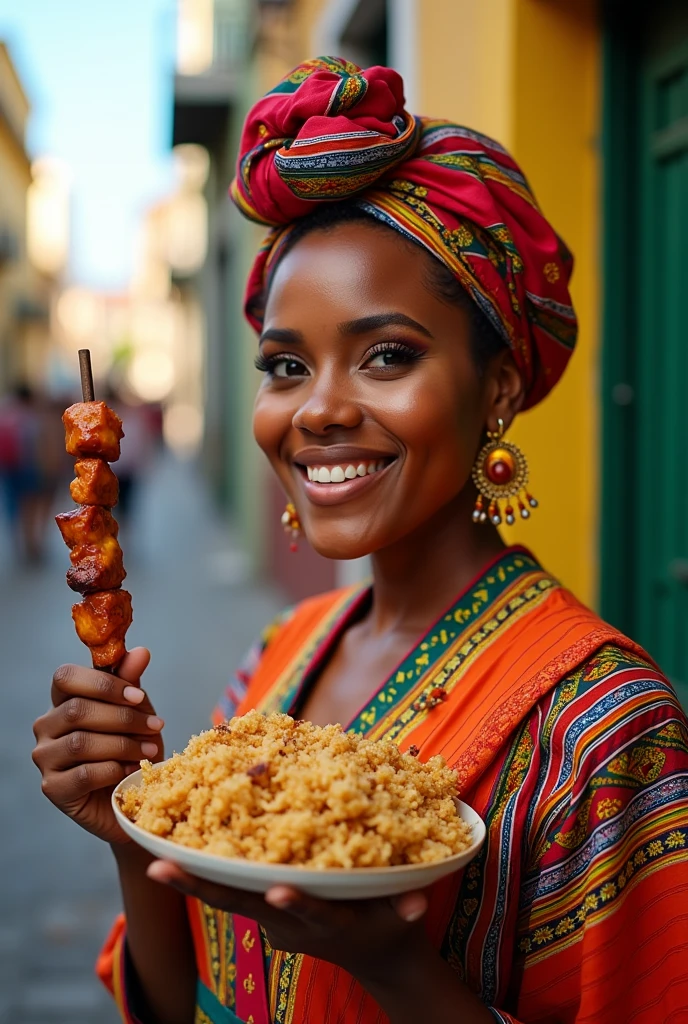 A Bahian woman in typical Pelourinho clothing holding acarajé in one hand and a barbecue skewer in the other hand
