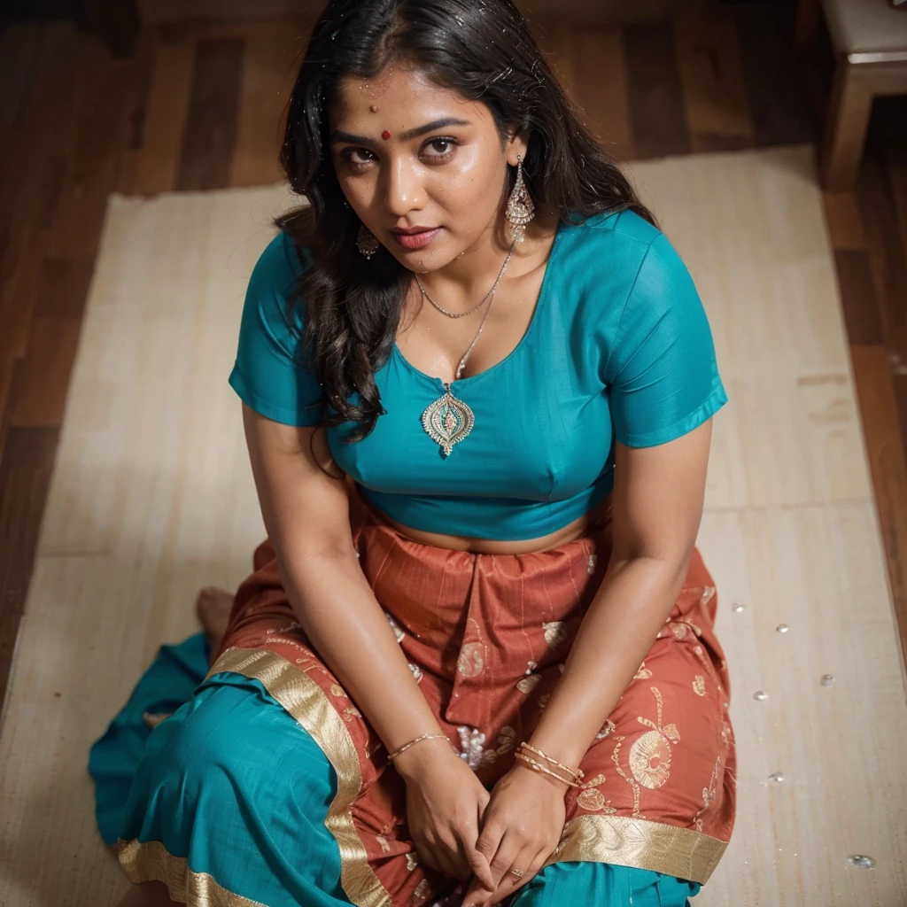 Day scene, full body photo of a plus sized 45 year old indian with a man from top view, (Masterpiece, Best Quality, High Resolution), office Background, (cum Splash on her breasts and nipples, cum Splash on her face, Splash of cum, cum Splash on her blouse, cum Splash on her eys), Sweet 25 year old South indian women sitting on her knees in a crowded party hall with a man, hour glass body red lips, silver colour silky gown, lightly makeup,ultra realistic, realistic, look at viewer (cinematic:1.3), intricate details,