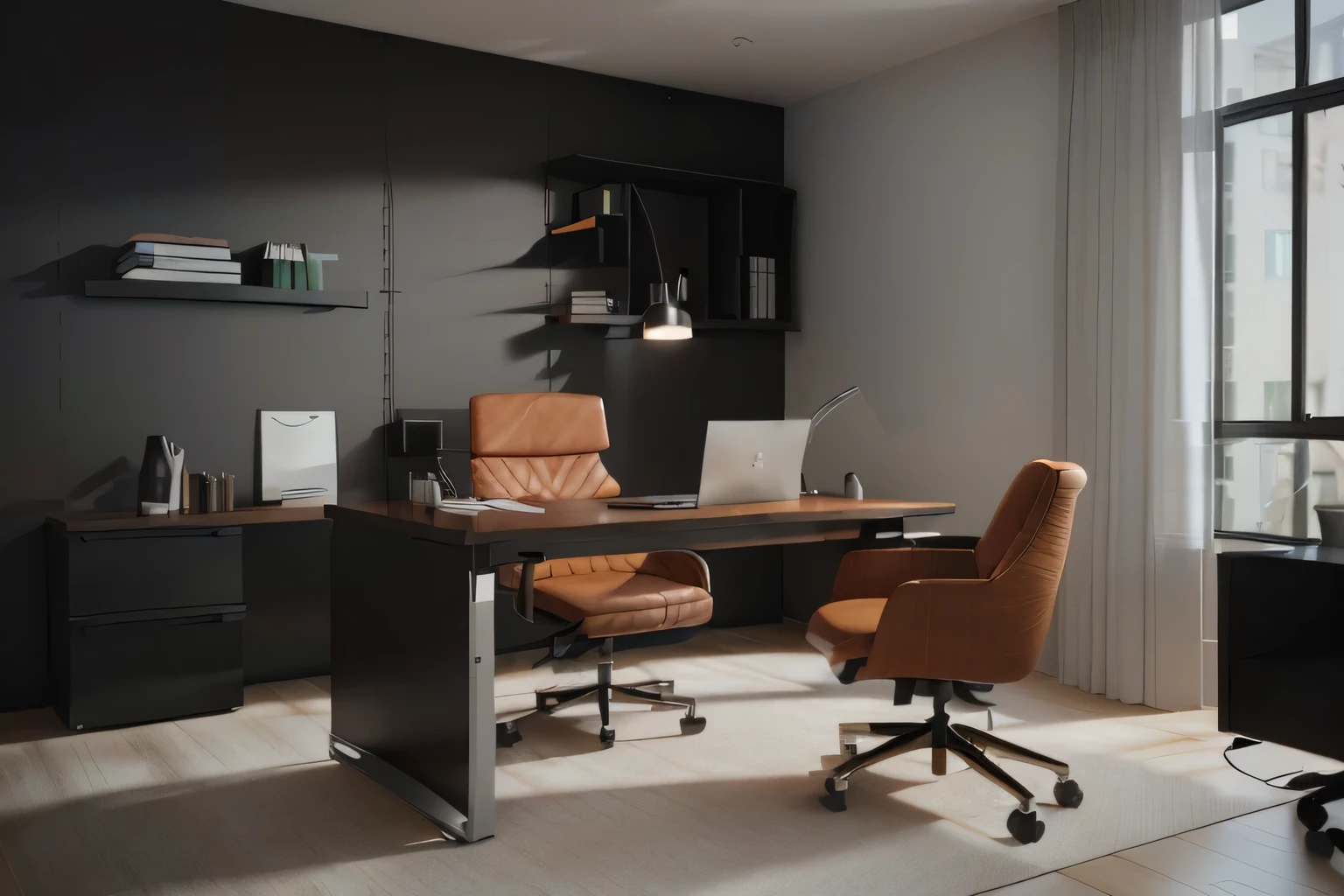 there is a desk with a laptop and a chair in a room, office furniture, home office interior, modern office, offices, home office, office room interior, minimalist home office, professional 3d render, rendered in corona, desks, professional render, minimalist desk, very realistic 3 d render, high quality 3d render, high quality 3 d render