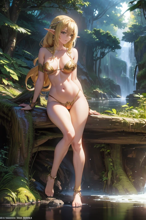 beautiful Alluring female elf knight, Mythological Theme, Fantasy Theme, Fair skin, Long blonde braids, Extremely small cup size, In the magical forest, Almost no clothes, Bikini Armor, beautiful D&D. Character Portrait, beautiful Fantasy, detailed, Digital Art, 極限までdetailedに, Polished, beautiful, 超detailedな, Complex, Elaborate, Scrupulous, Anime characters, detailed, Anime Face, Sharp focus, Unreal Engine, 3D Rendering, Volumetric lighting, reflection, Shiny, Digital Illustration, Sensual pose, Provocative pose, Full Body Shot, Very small, firm breasts, Anatomically correct 💖❤💕💋❣