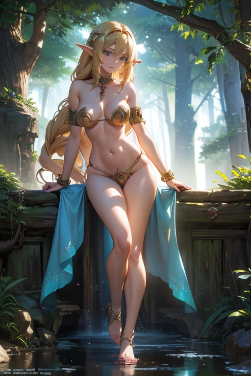 beautiful Alluring female elf knight, Mythological Theme, Fantasy Theme, Fair skin, Long blonde braids, Extremely small cup size, In the magical forest, Almost no clothes, Bikini Armor, beautiful D&D. Character Portrait, beautiful Fantasy, detailed, Digital Art, 極限までdetailedに, Polished, beautiful, 超detailedな, Complex, Elaborate, Scrupulous, Anime characters, detailed, Anime Face, Sharp focus, Unreal Engine, 3D Rendering, Volumetric lighting, reflection, Shiny, Digital Illustration, Sensual pose, Provocative pose, Full Body Shot, Very small, firm breasts, Anatomically correct 💖❤💕💋❣