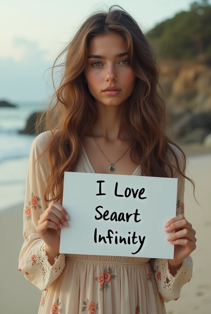 Beautiful girl with wavy long hair, bohemian dress, holding a white board with text "I Love Seaart Infinity" and showing it to the viewer