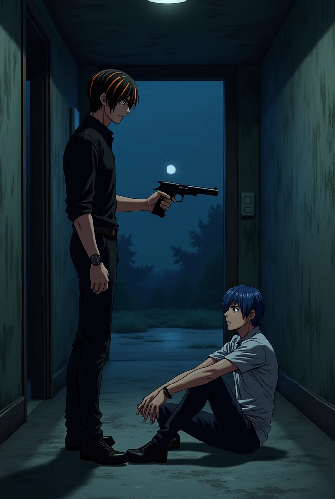 Standing man with straight black hair with orange streaks dressed in a black shirt and black pants pointing a gun in one hand at a man who is sitting on the floor tied up between a bar with blue hair and blue eyes hurt. They are inside an abandoned house at night. anime style. In a profile shot.