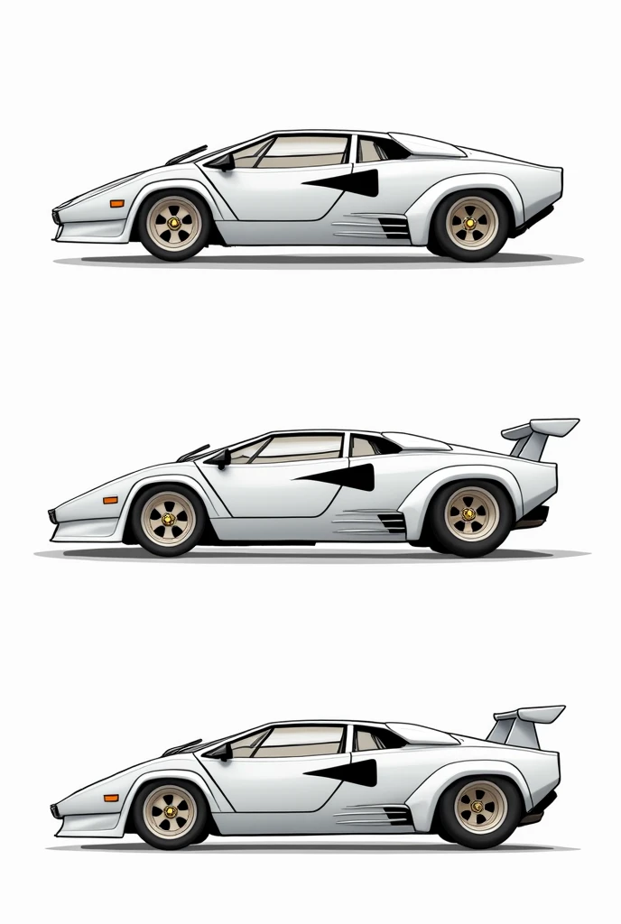 Draw a fusion of White Ferrari F-40 and White Lamborghini Countach in 3 frames:
Front view
Side view
Rear view