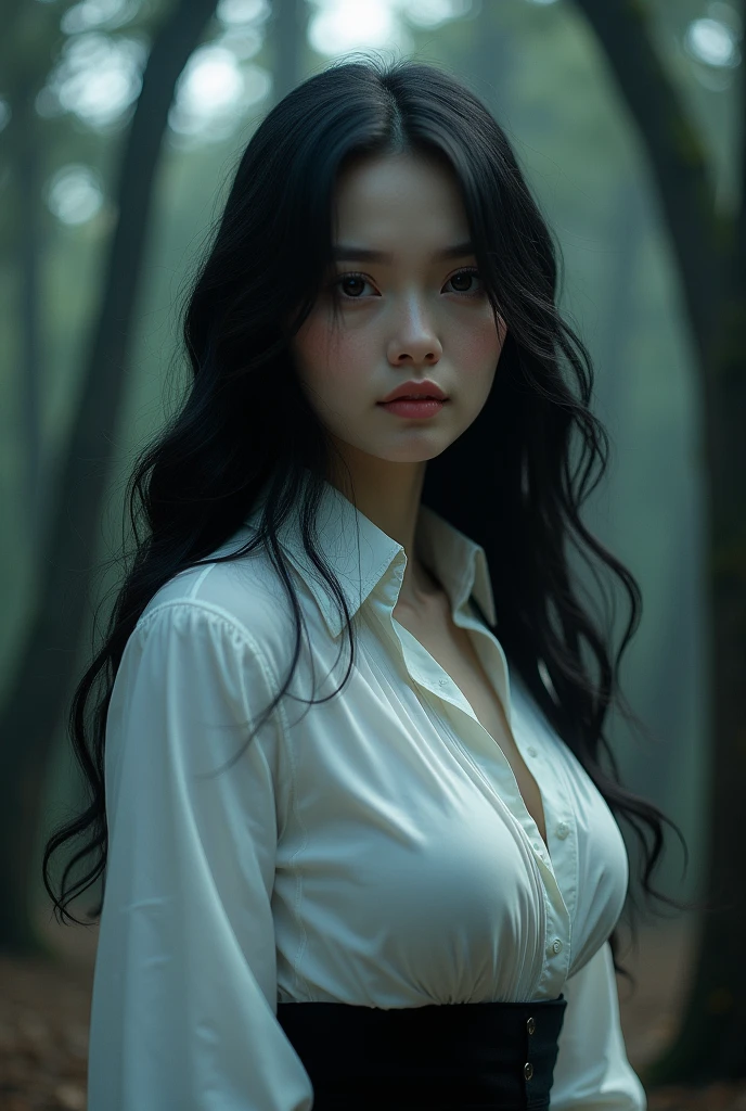 A beautiful girls with long black hair, wearing white shirt, big boobs , near a dark vampire forest