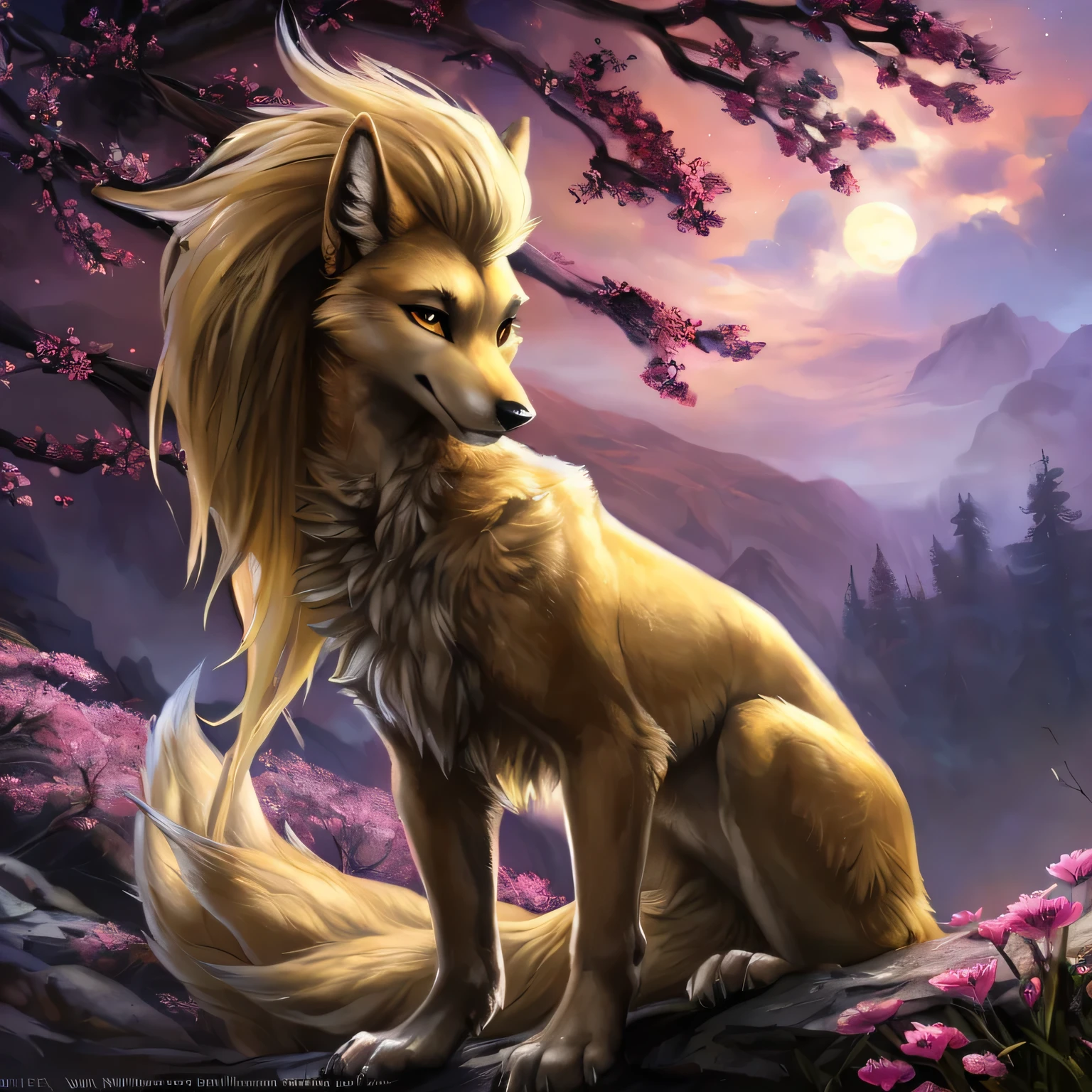 ((solo)) (feral, ninetales), female, looking at viewer, cherry blossom, night, fog, flower, multi tail, full moon,, best quality, shaded, extreme detail, highly detailed, ultradetailed, intricate, realistic, detailed background, hi res, realistic, photography \(artwork\), (by kenket), by ross tran, by michael & inessa garmash, by pino daeni, by isvoc, by kiguri, by alena aenami, by ruan jia, (by zenthetiger, by wolfy-nail), by Enki Bilal, by drmax, photorealism,